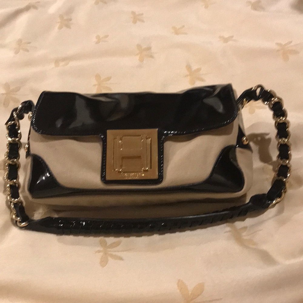 Halston Tan Linen Bag with Black Patent/Gold Trim